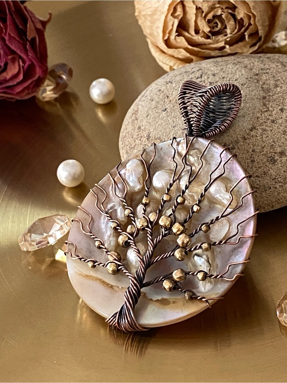 Large Biwa Pearl Wire Wrapped Tree Of Life Pendant - Picture 5 of 10